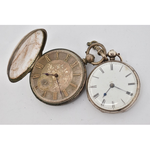 98 - TWO POCKET WATCHES, both key wound movements, the first a silver pocket watch, with a round white Ro... 