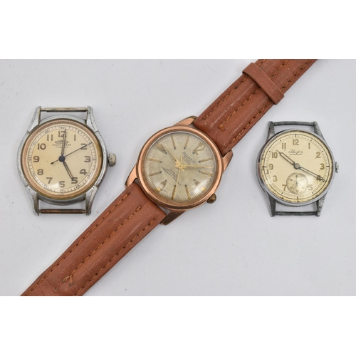 99 - THREE GENTS WATCHES, to include a gold plated 'Allaine' automatic watch, textured silver dial, Arabi... 