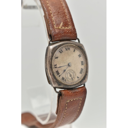 140 - A SILVER GENTS WRISTWATCH, missing crown, manual wind, round discoloured silver dial, Roman numerals... 