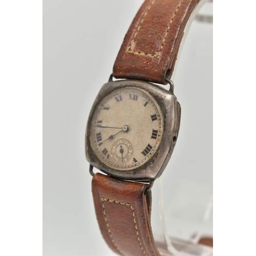 140 - A SILVER GENTS WRISTWATCH, missing crown, manual wind, round discoloured silver dial, Roman numerals... 