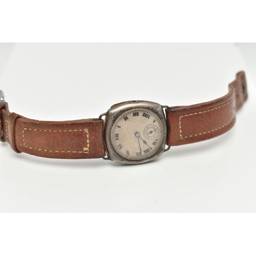 140 - A SILVER GENTS WRISTWATCH, missing crown, manual wind, round discoloured silver dial, Roman numerals... 