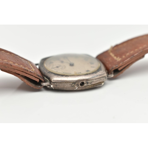 140 - A SILVER GENTS WRISTWATCH, missing crown, manual wind, round discoloured silver dial, Roman numerals... 