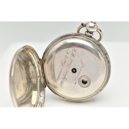 141 - A WHITE METAL FULL HUNTER POCKET WATCH, key wound, engine turned pattern with vacant cartouche, whit... 