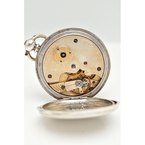 141 - A WHITE METAL FULL HUNTER POCKET WATCH, key wound, engine turned pattern with vacant cartouche, whit... 