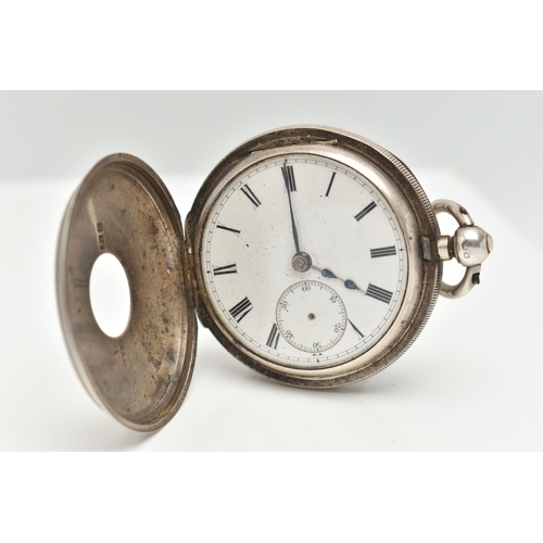 142 - A LATE VICTORIAN, SILVER HALF HUNTER POCKET WATCH, key wound, white Roman numeral dial, subsidiary d... 