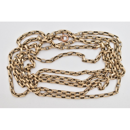 144 - A YELLOW METAL LONGUARD BELCHER CHAIN, fitted with a spring clasp, unmarked, length 1220mm, approxim... 