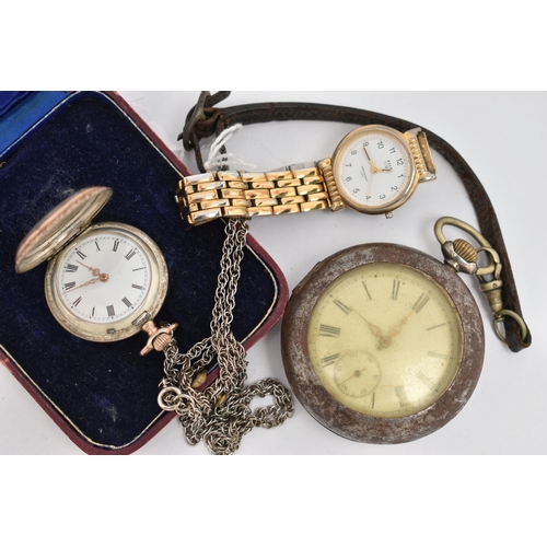 149 - TWO POCKET WATCHES AND A WRISTWATCH, the first an open face pocket watch with black Roman numerals a... 