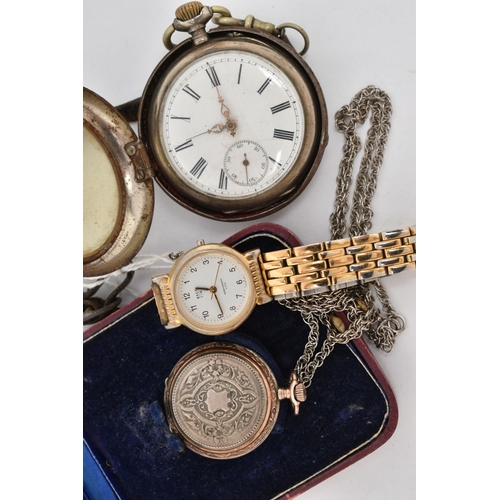 149 - TWO POCKET WATCHES AND A WRISTWATCH, the first an open face pocket watch with black Roman numerals a... 