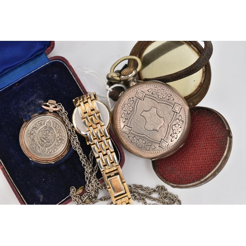 149 - TWO POCKET WATCHES AND A WRISTWATCH, the first an open face pocket watch with black Roman numerals a... 