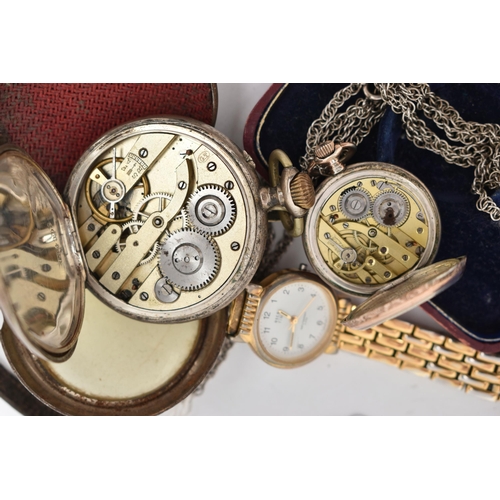 149 - TWO POCKET WATCHES AND A WRISTWATCH, the first an open face pocket watch with black Roman numerals a... 