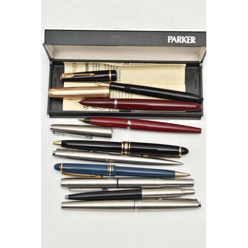 157 - AN ASSORTMENT OF PENS, to include to 'Parker' fountain pens with yellow metal nibs, one stamped 14k,... 