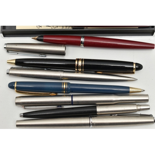 157 - AN ASSORTMENT OF PENS, to include to 'Parker' fountain pens with yellow metal nibs, one stamped 14k,... 