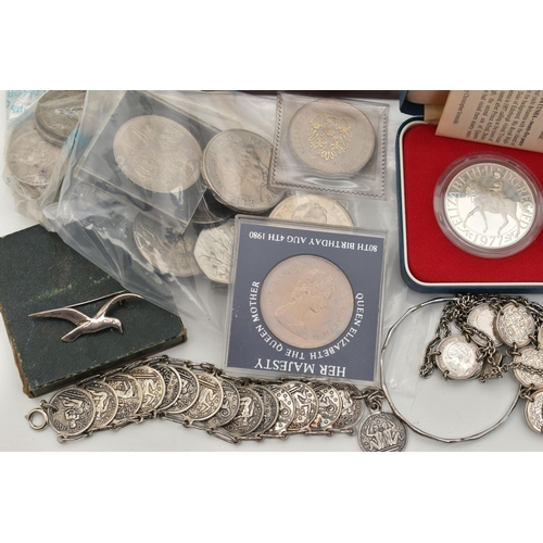 159 - A SELECTION OF SILVER AND WHITE METAL JEWELLERY, COSTUME JEWELLERY AND COINS, to include a charm bra... 