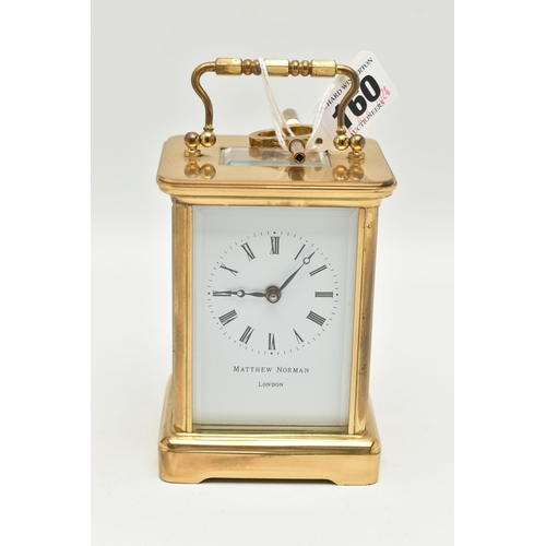 160 - A 'MATTHEW NORMAN' CARRIAGE CLOCK, key wound, white Roman numeral dial signed 'Matthew Norman, Londo... 