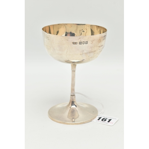 161 - A SILVER CHAMPAGNE COUPE GLASS, polished design, thin stem on a round base, hallmarked 'Bert & Co' L... 