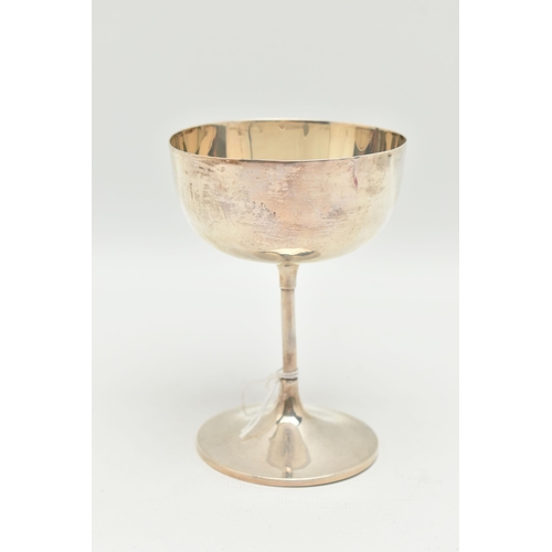 161 - A SILVER CHAMPAGNE COUPE GLASS, polished design, thin stem on a round base, hallmarked 'Bert & Co' L... 