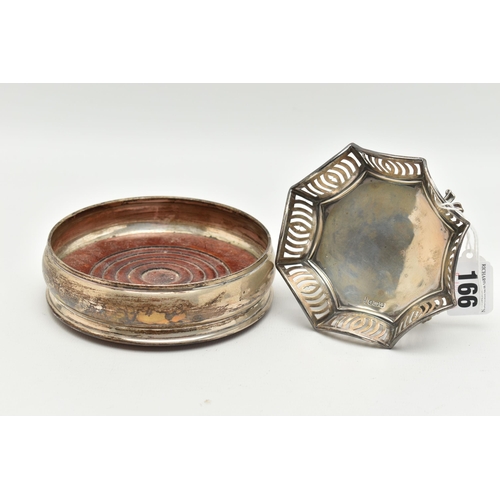 166 - TWO SILVER ITEMS, the first a George V bonbon dish, octagon form with pierced detail, raised on four... 