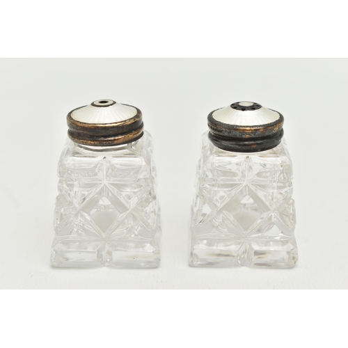 169 - A PAIR OF NORWEGIAN SALT AND PEPPER SHAKERS, two glass shakers, fitted with white metal and white gu... 