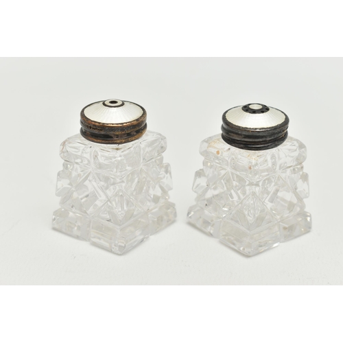 169 - A PAIR OF NORWEGIAN SALT AND PEPPER SHAKERS, two glass shakers, fitted with white metal and white gu... 