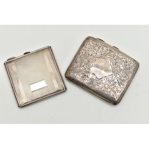 170 - A SILVER COMPACT AND SILVER CIGARETTE CASE, the first a square form compact with engine turned patte... 