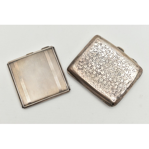 170 - A SILVER COMPACT AND SILVER CIGARETTE CASE, the first a square form compact with engine turned patte... 