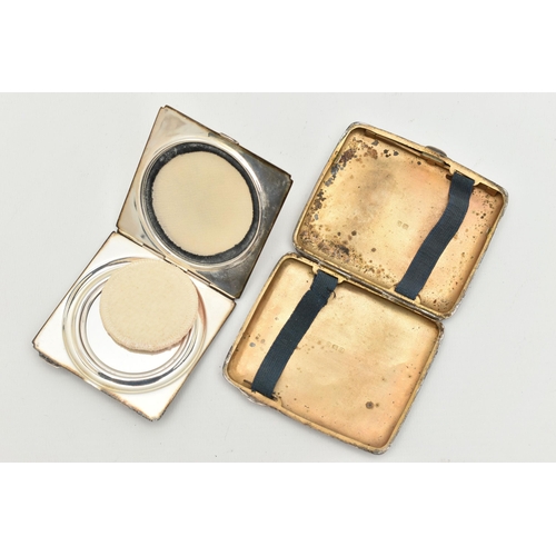 170 - A SILVER COMPACT AND SILVER CIGARETTE CASE, the first a square form compact with engine turned patte... 