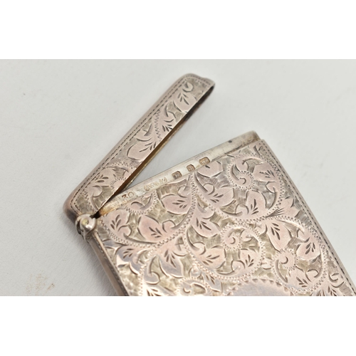 171 - A LATE VICTORIAN SILVER CARD CASE, rectangular form, foliate pattern with vacant cartouche, hinged c... 