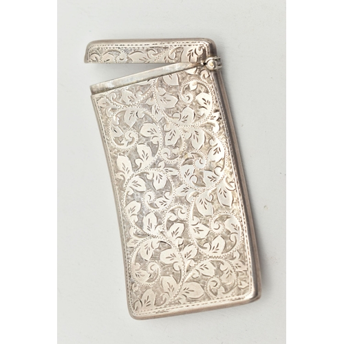 171 - A LATE VICTORIAN SILVER CARD CASE, rectangular form, foliate pattern with vacant cartouche, hinged c... 