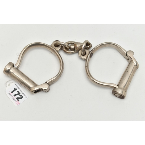 172 - A PAIR OF 'HIATT BEST' HANDCUFFS, D shaped handcuffs, signed 'Hiatt Best warranted Wrought 24' (cond... 