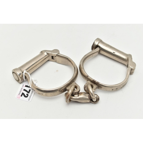 172 - A PAIR OF 'HIATT BEST' HANDCUFFS, D shaped handcuffs, signed 'Hiatt Best warranted Wrought 24' (cond... 