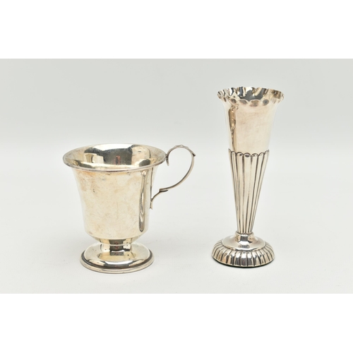 174 - TWO ITEMS OF SILVER, to include a tapered stop reeded pattern posy vase, on a round weighted base, h... 