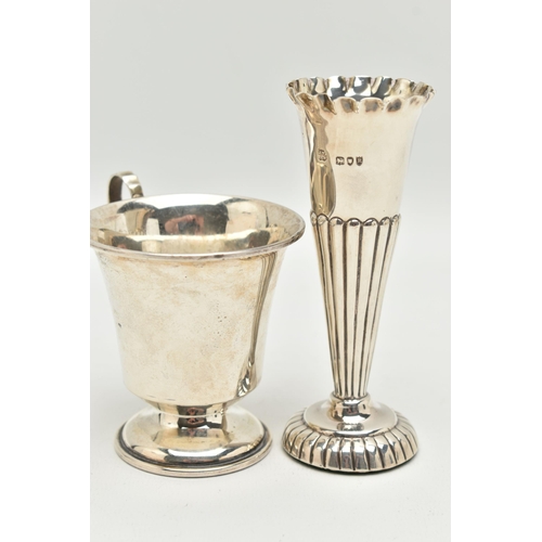 174 - TWO ITEMS OF SILVER, to include a tapered stop reeded pattern posy vase, on a round weighted base, h... 