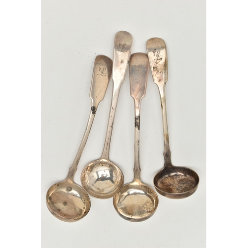 175 - FOUR EARLY VICTORIAN SILVER LADLES, fiddle pattern ladles, each engraved with an initial 'L' to the ... 