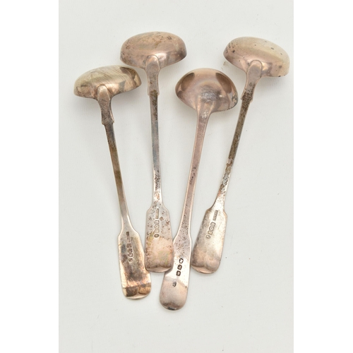 175 - FOUR EARLY VICTORIAN SILVER LADLES, fiddle pattern ladles, each engraved with an initial 'L' to the ... 