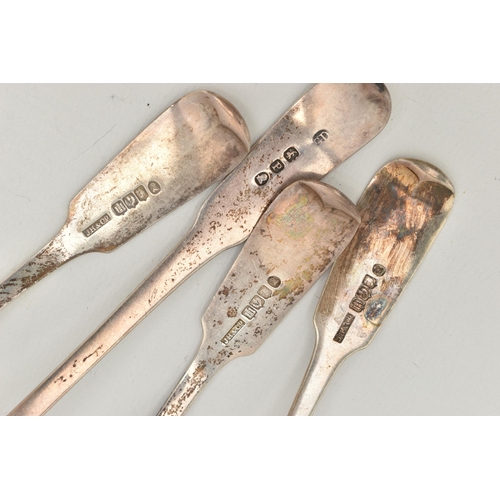 175 - FOUR EARLY VICTORIAN SILVER LADLES, fiddle pattern ladles, each engraved with an initial 'L' to the ... 