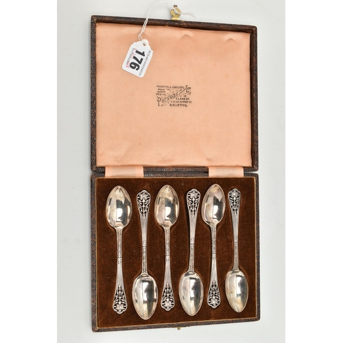 176 - A CASED SET OF SIX SILVER TEASPOONS, floral pattern with open work terminals, each hallmarked 'Josep... 