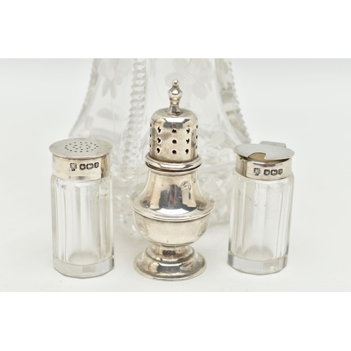 177 - FOUR ITEMS, to include a tall glass scent bottle with silver collar and glass stopper, hallmarked 'H... 