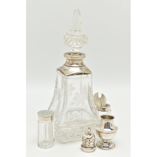 177 - FOUR ITEMS, to include a tall glass scent bottle with silver collar and glass stopper, hallmarked 'H... 