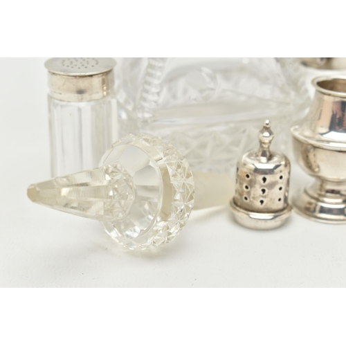 177 - FOUR ITEMS, to include a tall glass scent bottle with silver collar and glass stopper, hallmarked 'H... 