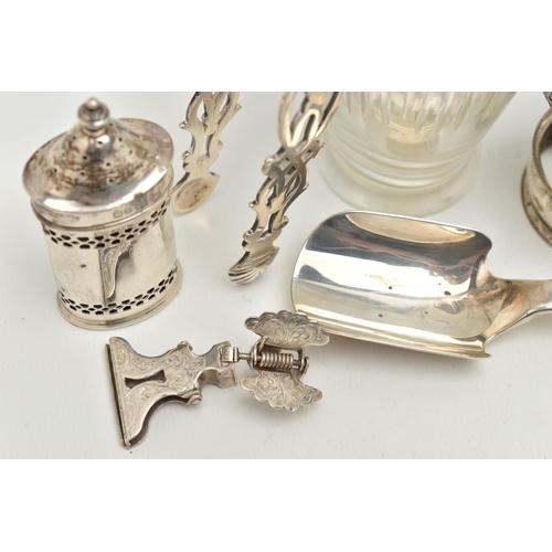 179 - A GEORGE III SILVER FIDDLE PATTERN CHEESE SCOOP AND OTHER ITEMS, cheese scoop of polished form, hall... 