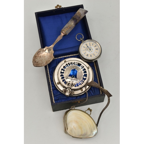 180 - A SMALL ASSORTMENT OF ITEMS, to include an AF key wound open face pocket watch, Roman numerals, deco... 