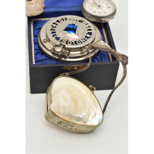 180 - A SMALL ASSORTMENT OF ITEMS, to include an AF key wound open face pocket watch, Roman numerals, deco... 