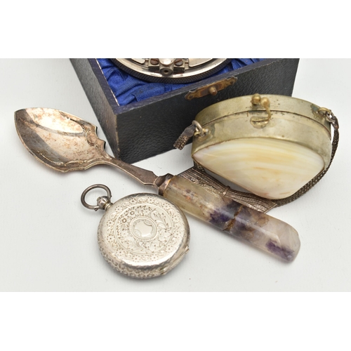 180 - A SMALL ASSORTMENT OF ITEMS, to include an AF key wound open face pocket watch, Roman numerals, deco... 