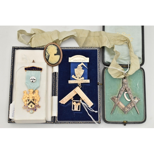 182 - FOUR MASONIC ITEMS, to include a silver Irish Masonic past masters jewel suspended from ribbon, desi... 