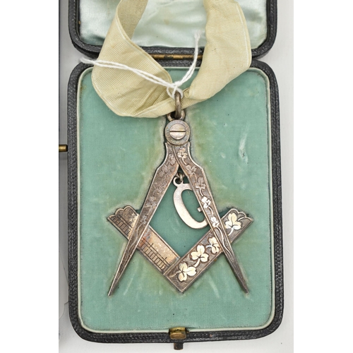 182 - FOUR MASONIC ITEMS, to include a silver Irish Masonic past masters jewel suspended from ribbon, desi... 