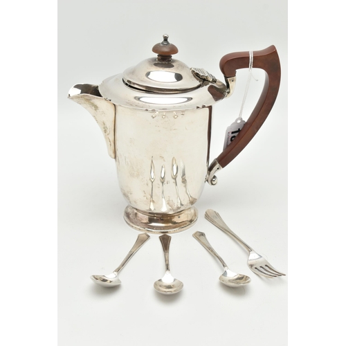 183 - A SILVER HOT WATER JUG AND CUTLERY, polished jug with wavy rim and hinged cover, fitted with a woode... 