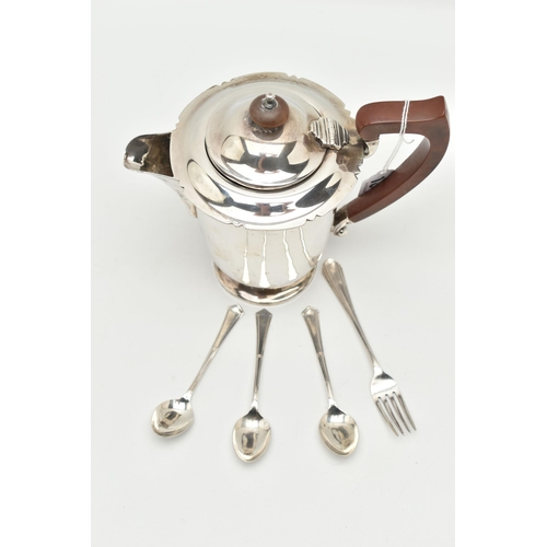 183 - A SILVER HOT WATER JUG AND CUTLERY, polished jug with wavy rim and hinged cover, fitted with a woode... 