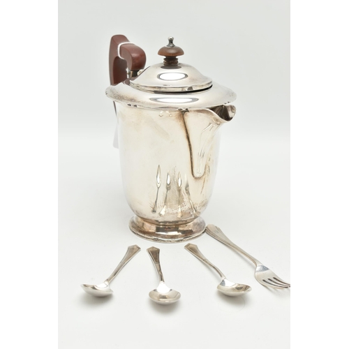 183 - A SILVER HOT WATER JUG AND CUTLERY, polished jug with wavy rim and hinged cover, fitted with a woode... 