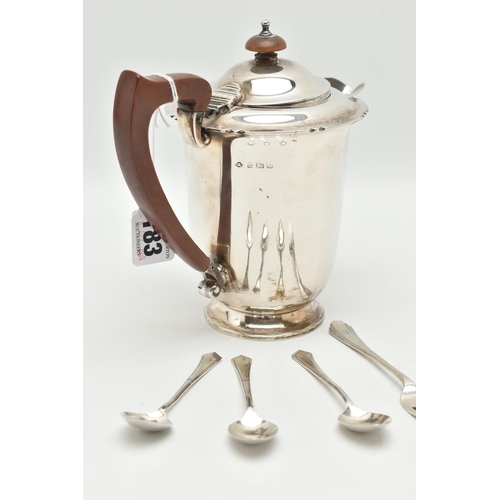 183 - A SILVER HOT WATER JUG AND CUTLERY, polished jug with wavy rim and hinged cover, fitted with a woode... 