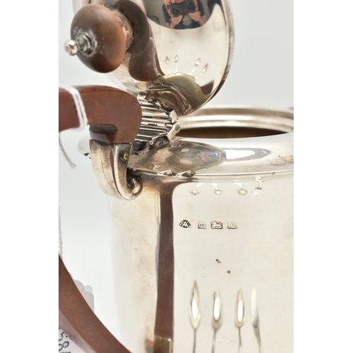 183 - A SILVER HOT WATER JUG AND CUTLERY, polished jug with wavy rim and hinged cover, fitted with a woode... 